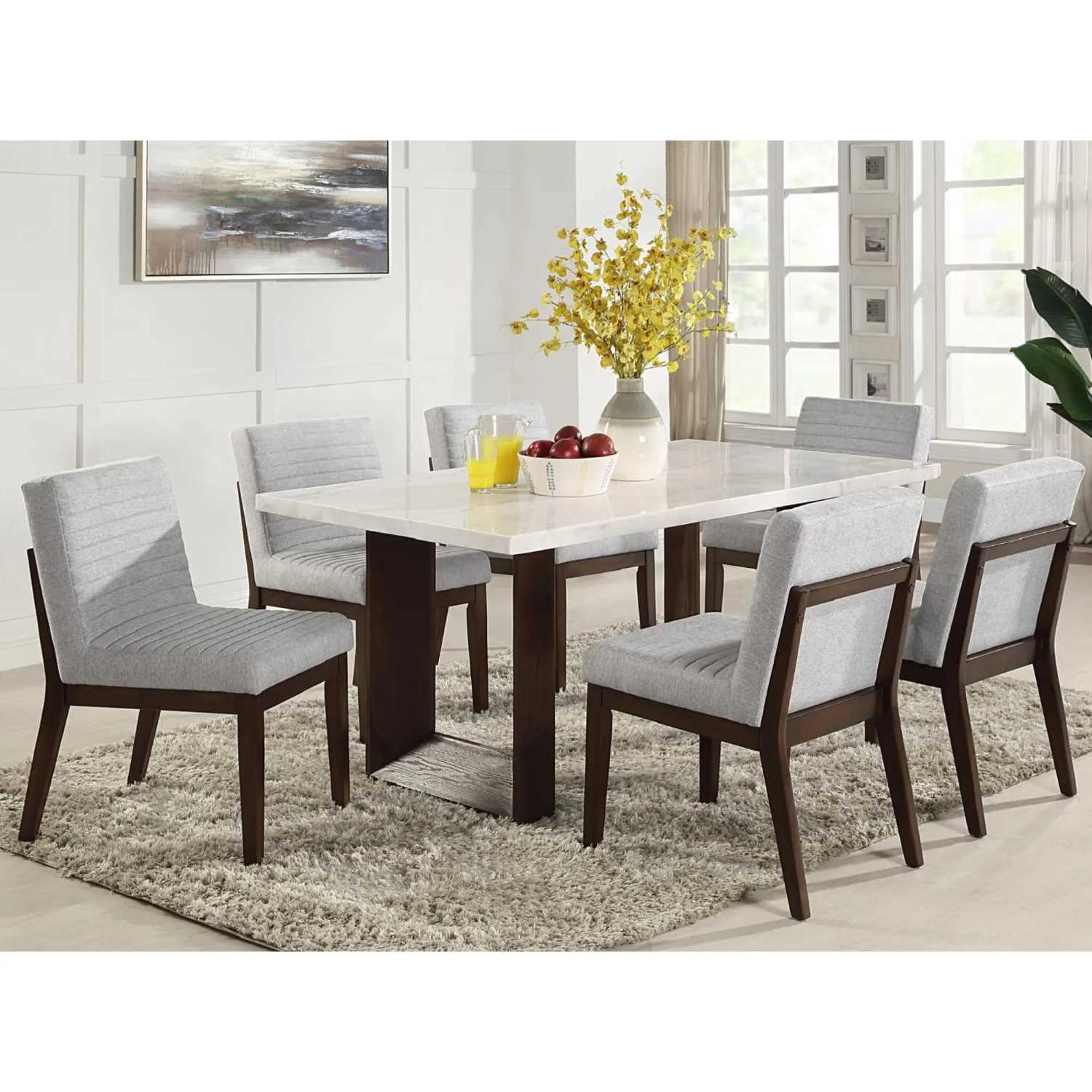 Edwyn Real Marble Dining Table With 6 Fabric Chairs