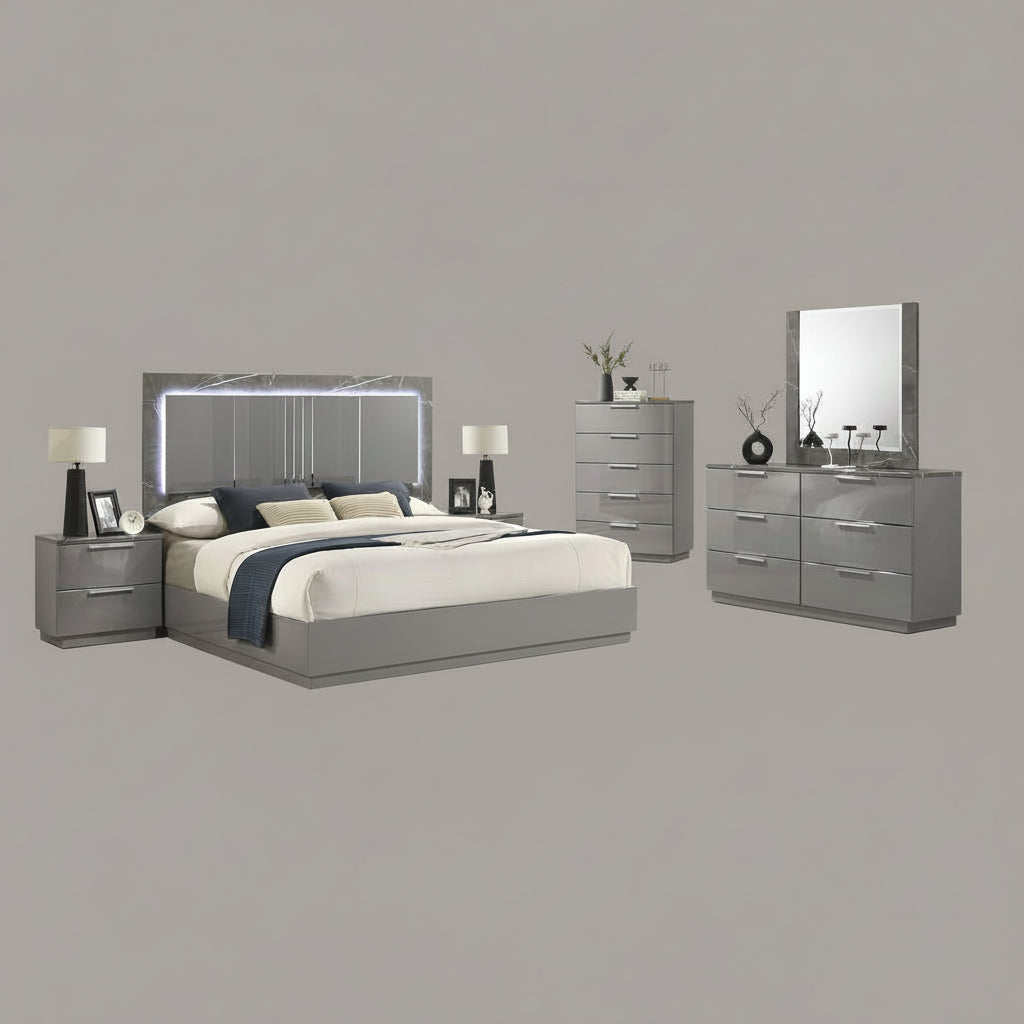 Elara Grey Lacquer Bedroom Set with LED Headboard 1941