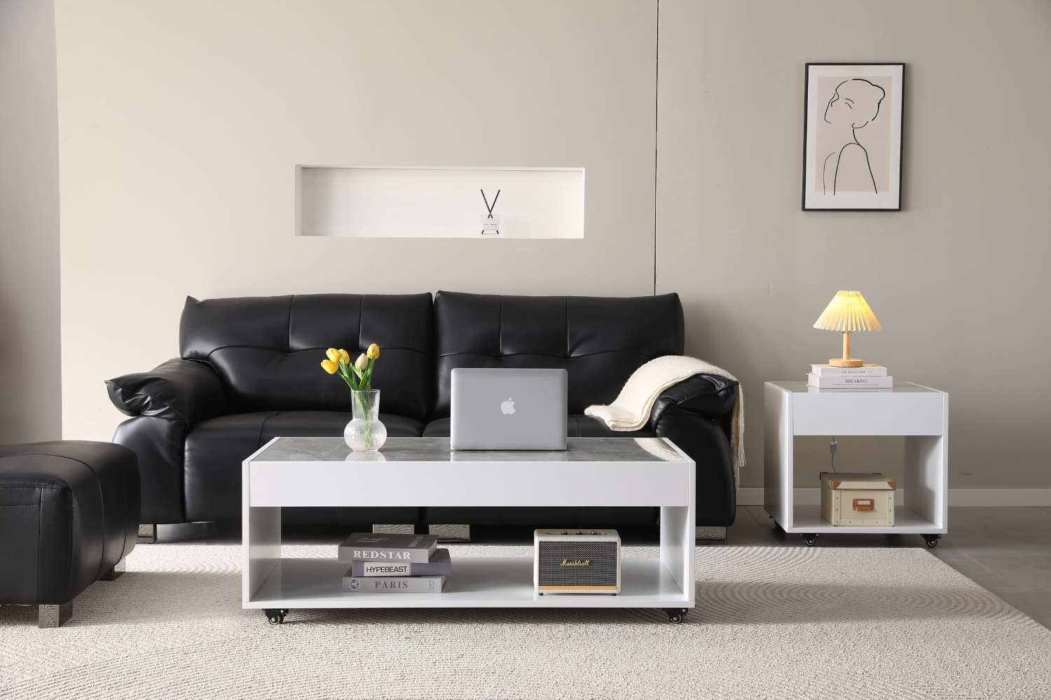 Elariel European Style White 3pc Coffee Table Set with Grey Sintered Stone Top 6889