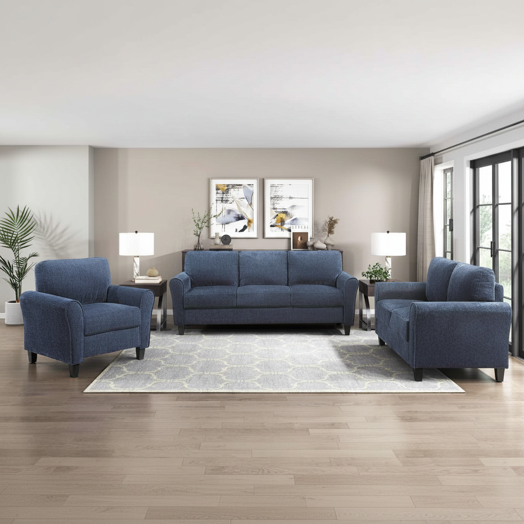 Ellery Chenille Fabric Blue Sofa Set with Black Legs 9209