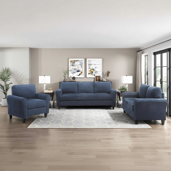 Ellery Chenille Fabric Blue Sofa Set with Black Legs 9209