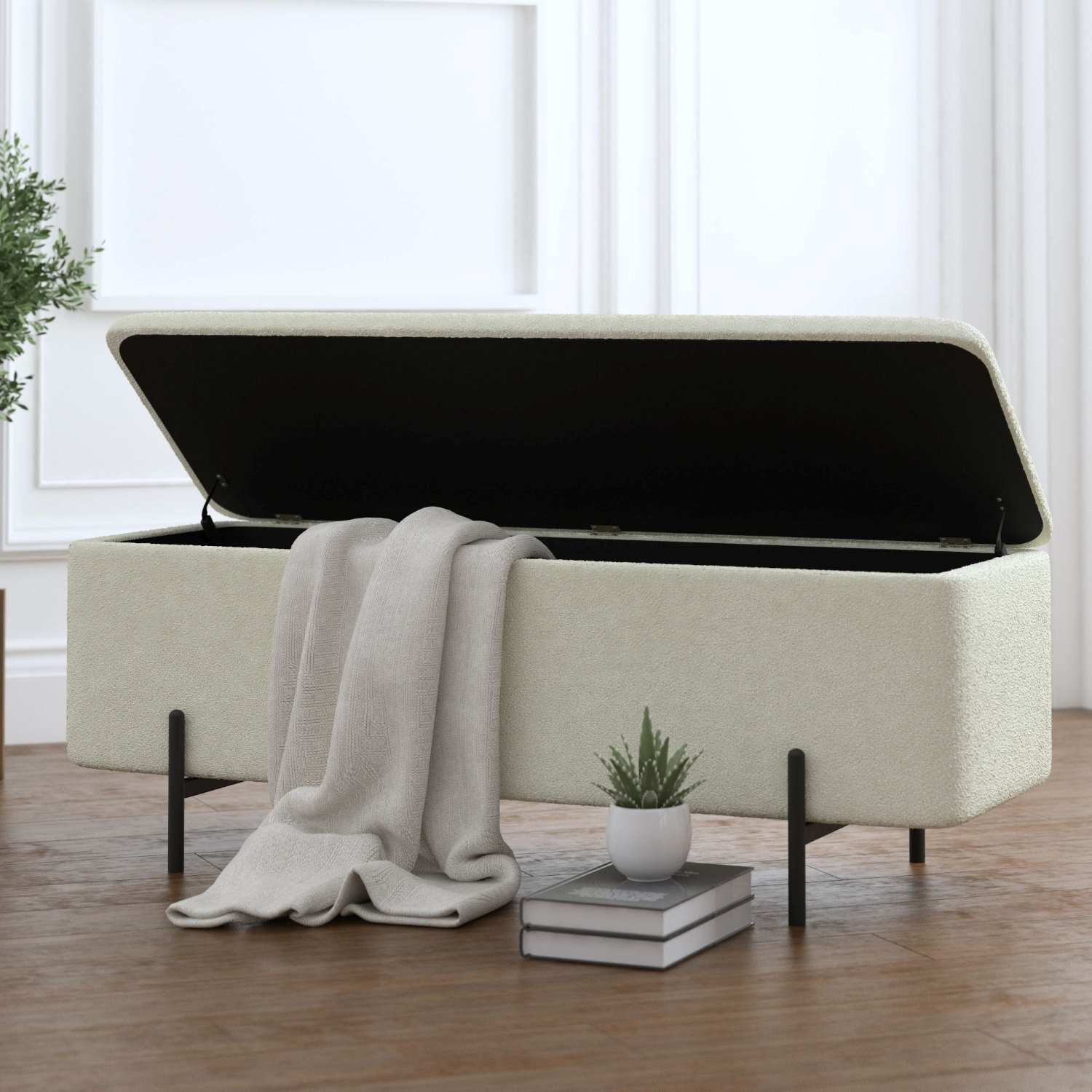 Erzo Storage Ottoman Bench in White and Black 402-136WT