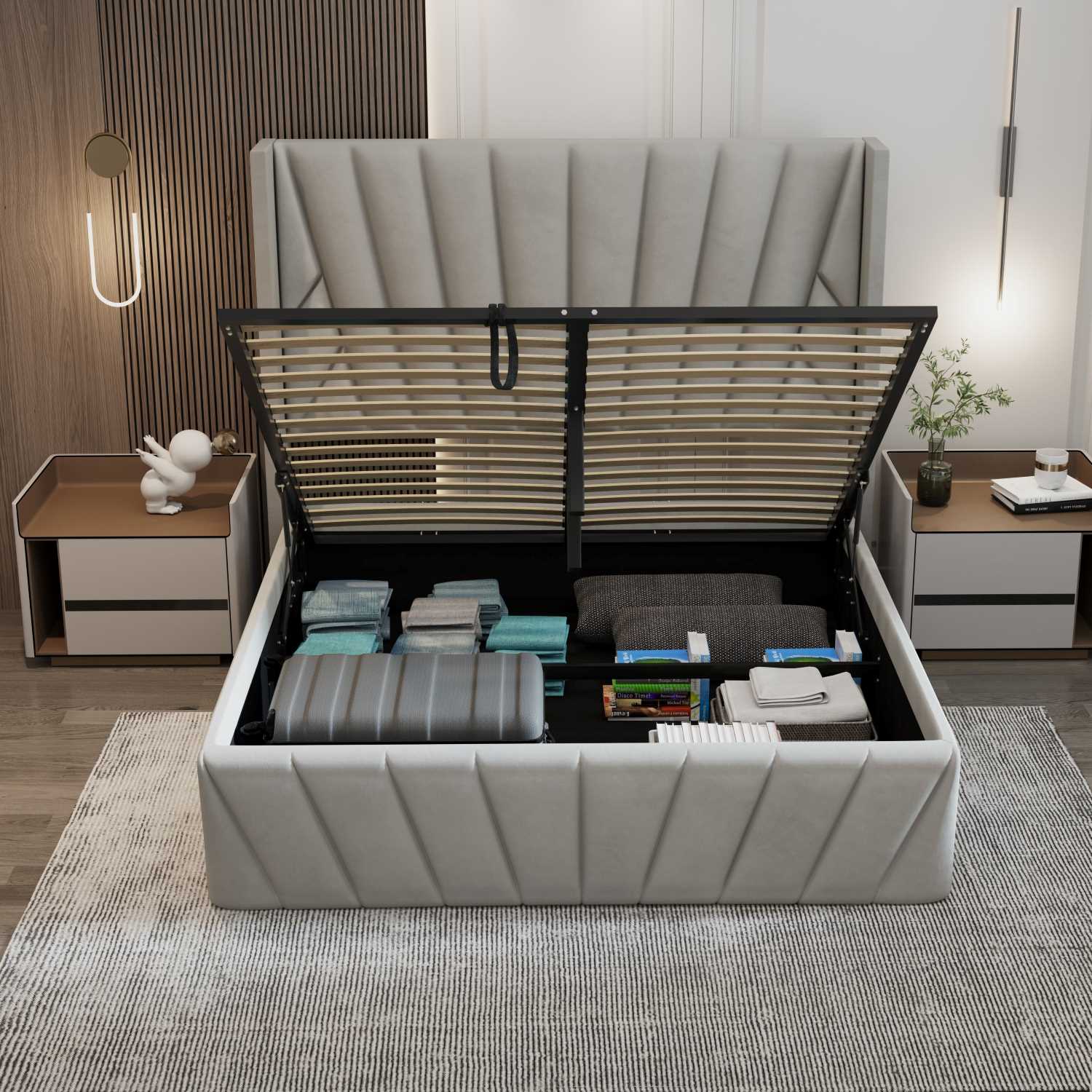 Eva Hydraulic Lift Soft Padded Upholstered Platform Storage Bed Frame