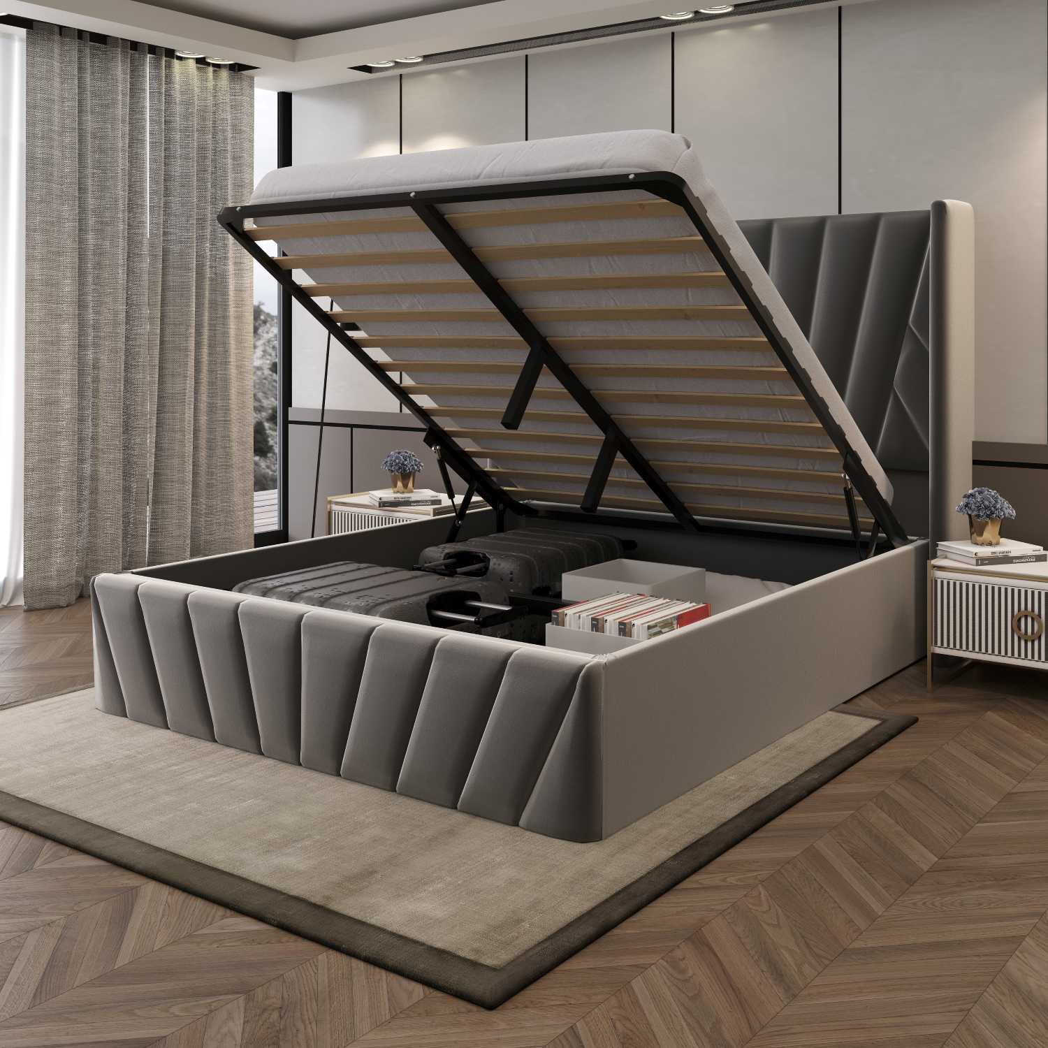 Eva Hydraulic Lift Soft Padded Upholstered Platform Storage Bed Frame - Dark Grey