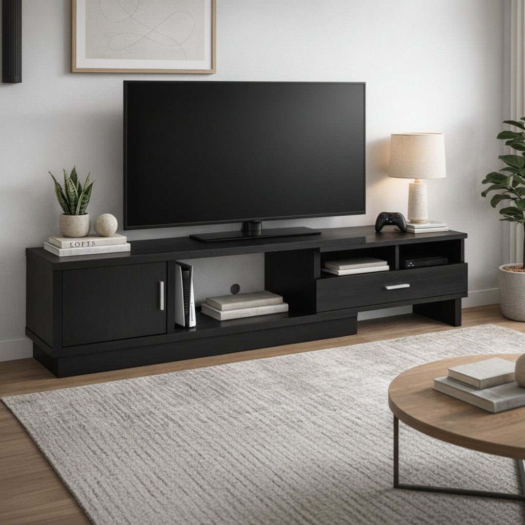 Black entertainment console with a TV in a living room setting.