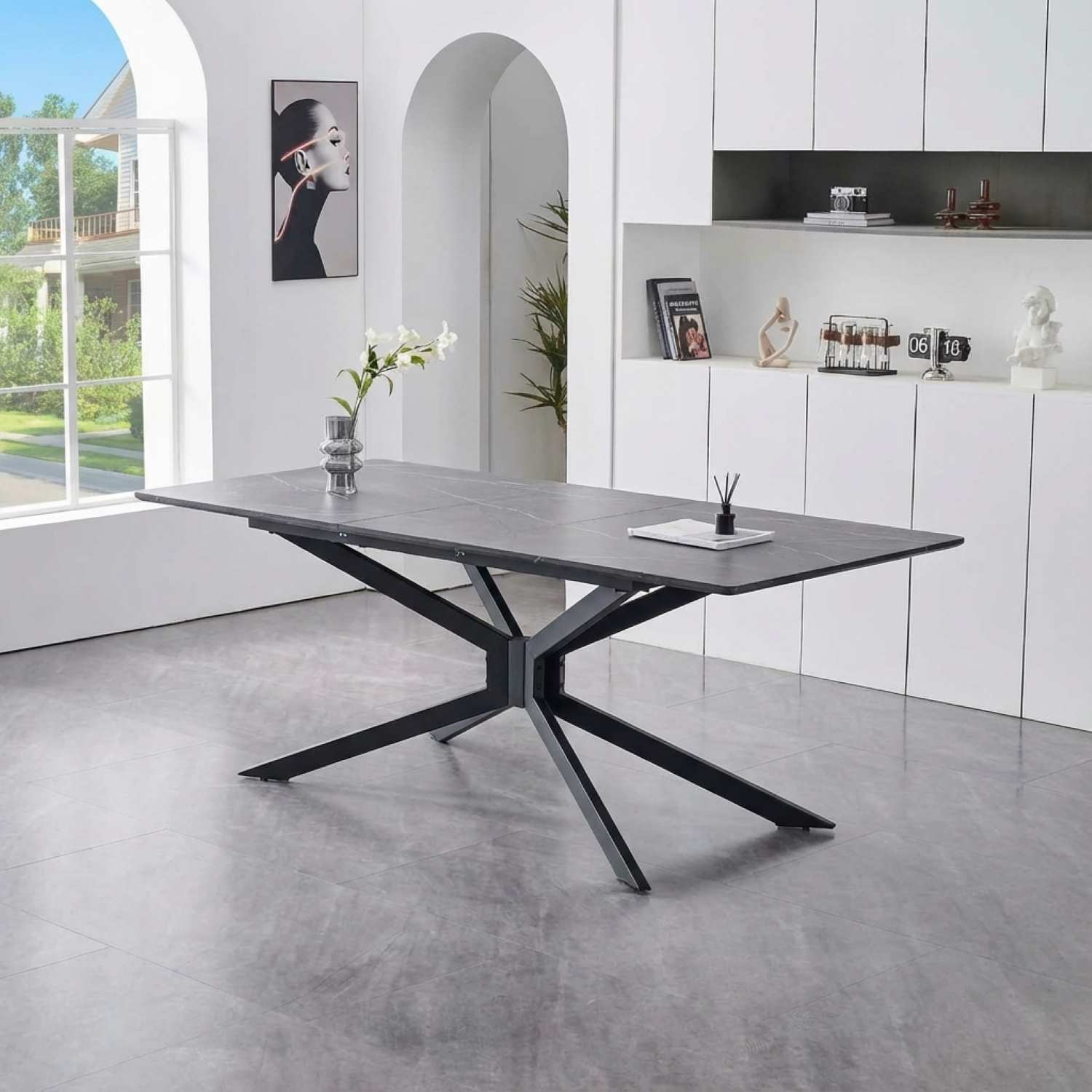Faux Marble Extended Dining Table with Black Steel Base T-1570