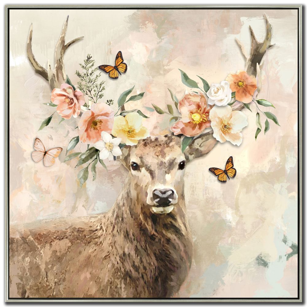 Peach Floral Deer Canvas Art 36" x 36"