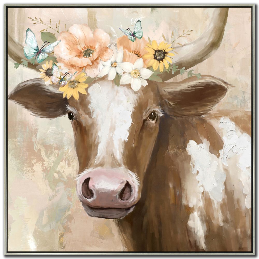 Peach Floral Cow Canvas Art 36" x 36"