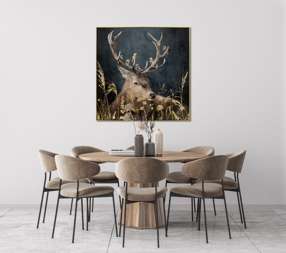 Golden Botanical Deer Canvas Art 36" x 36"