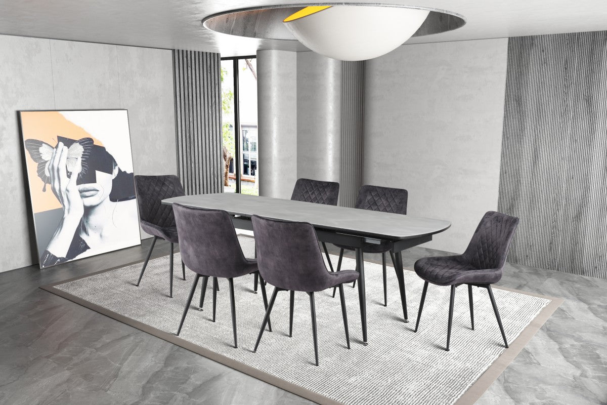 Fabian Extendable Dining Table With 6 Tufted Chairs Light Grey / Black 15667