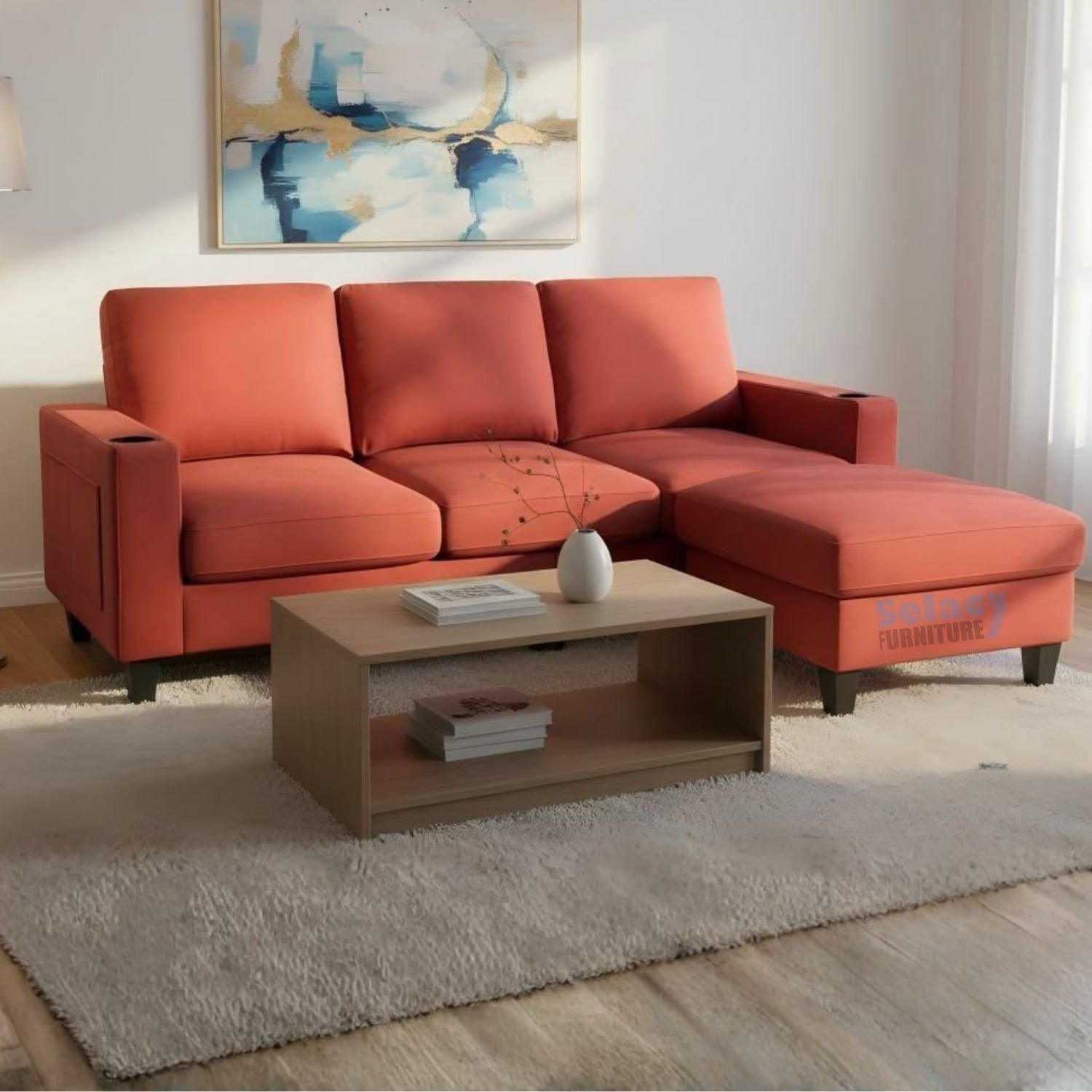 Red Fabric Reversible Sectional Sofa With USB Port and Side Pocket 2215