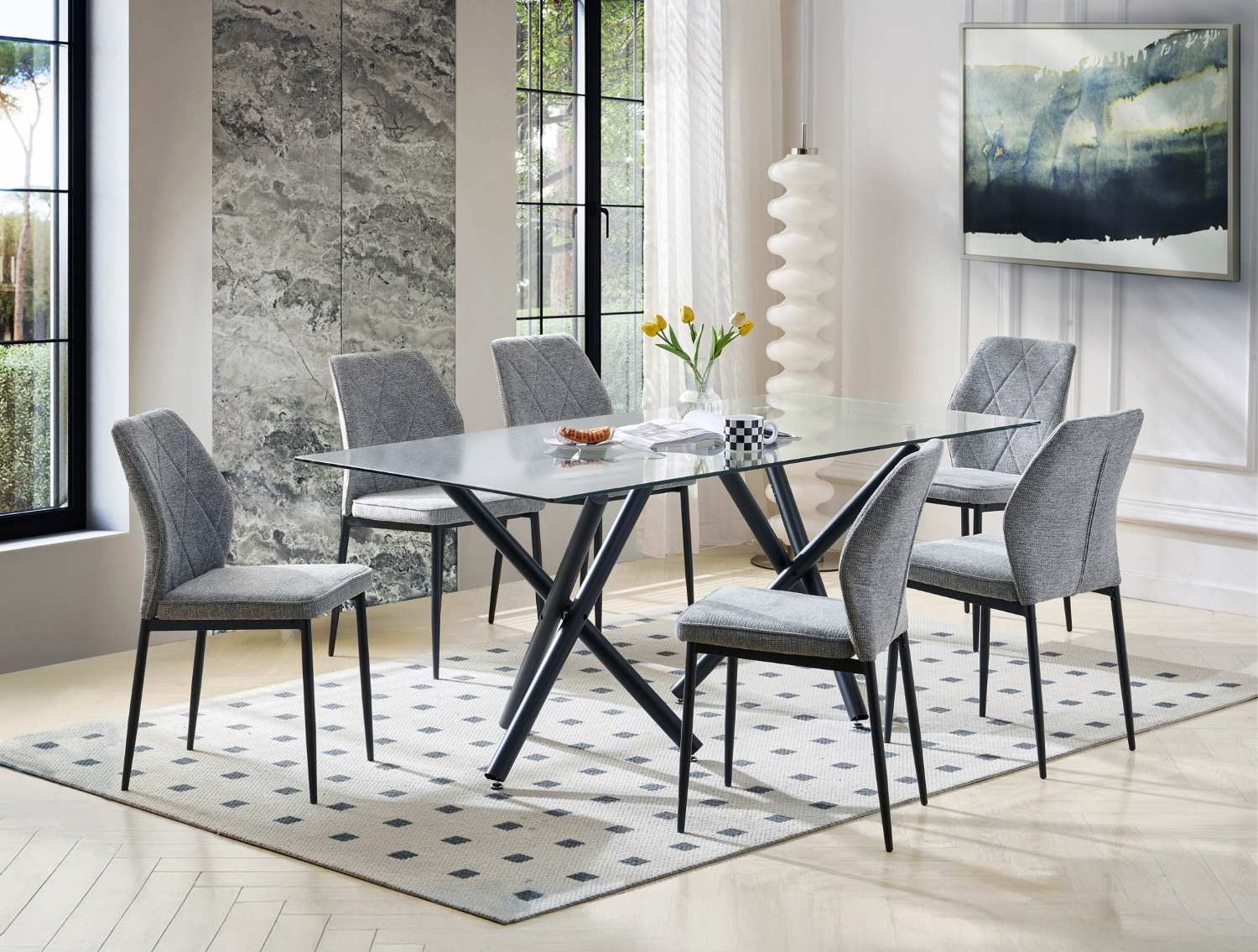 Fannia Glass Dining Table with Grey Fabric Chairs 6038