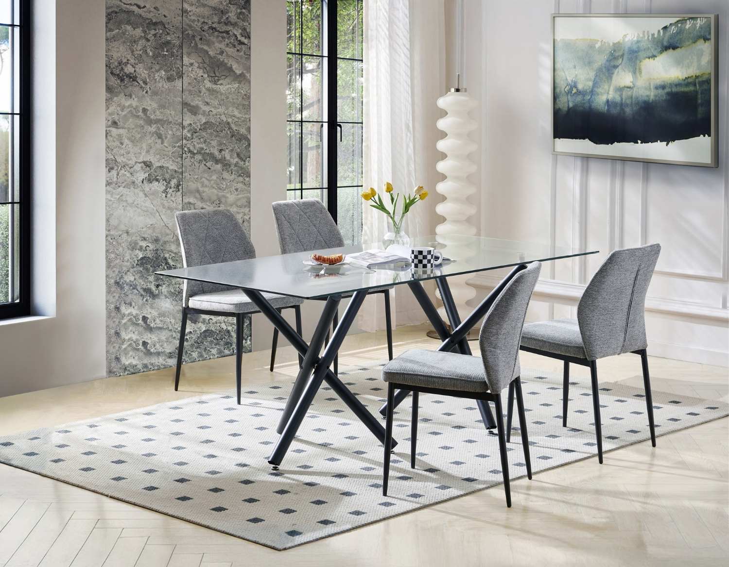Fannia Glass Dining Table with Grey Fabric Chairs 6038