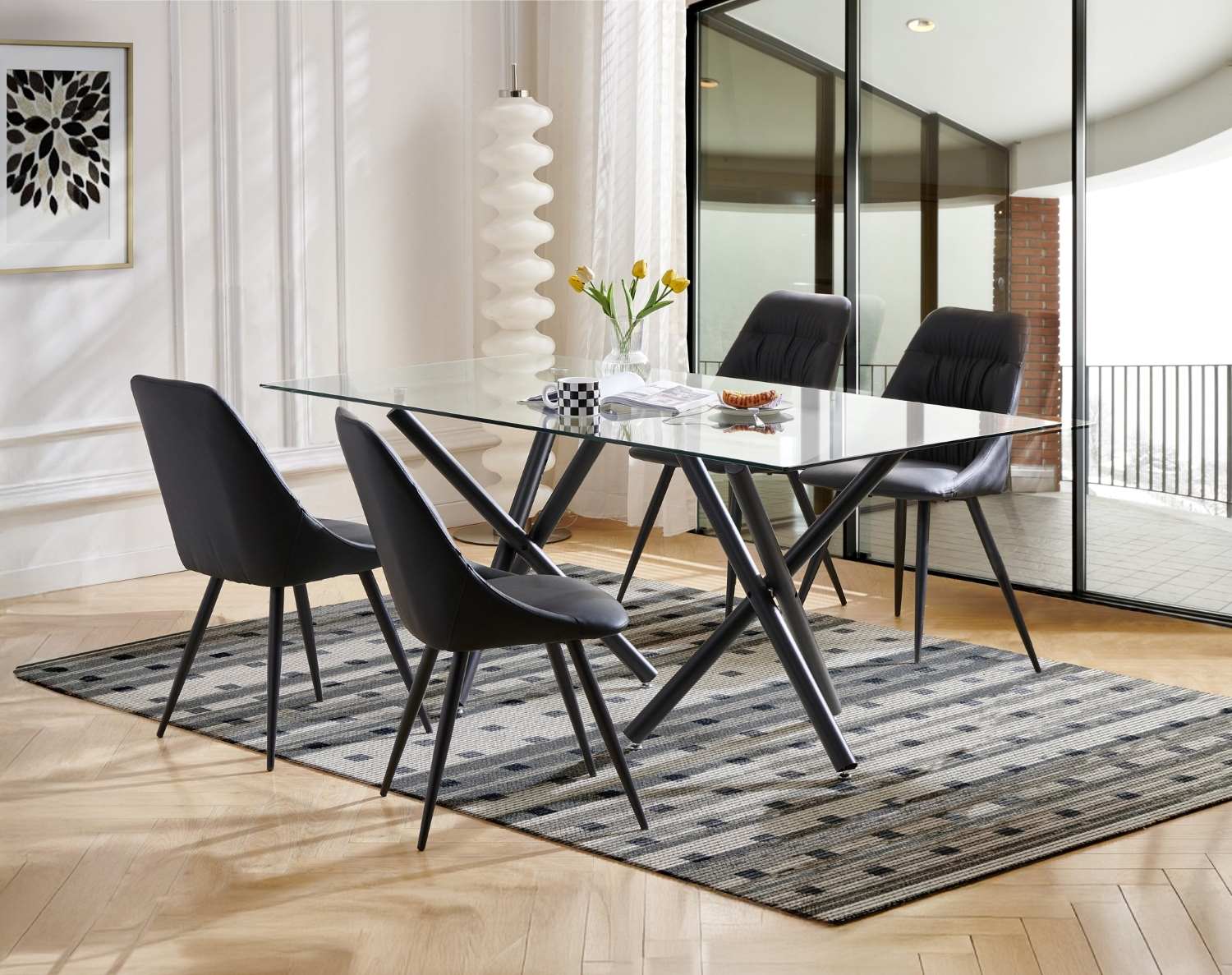 Fannia-Tomaso Glass Dining Table with Black Faux Leather Chairs 6038