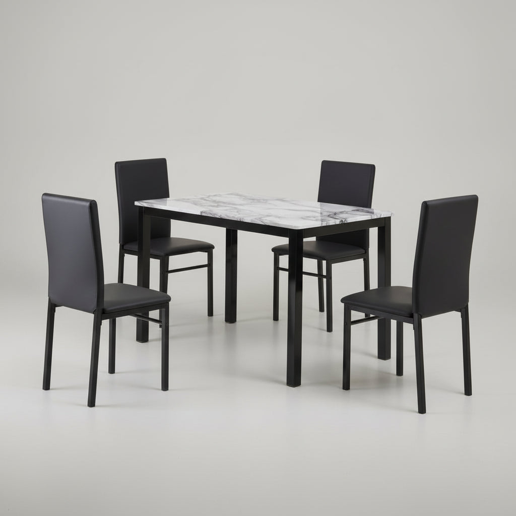 Faux Marble Dining Table with 4 Black PU Chairs 1056