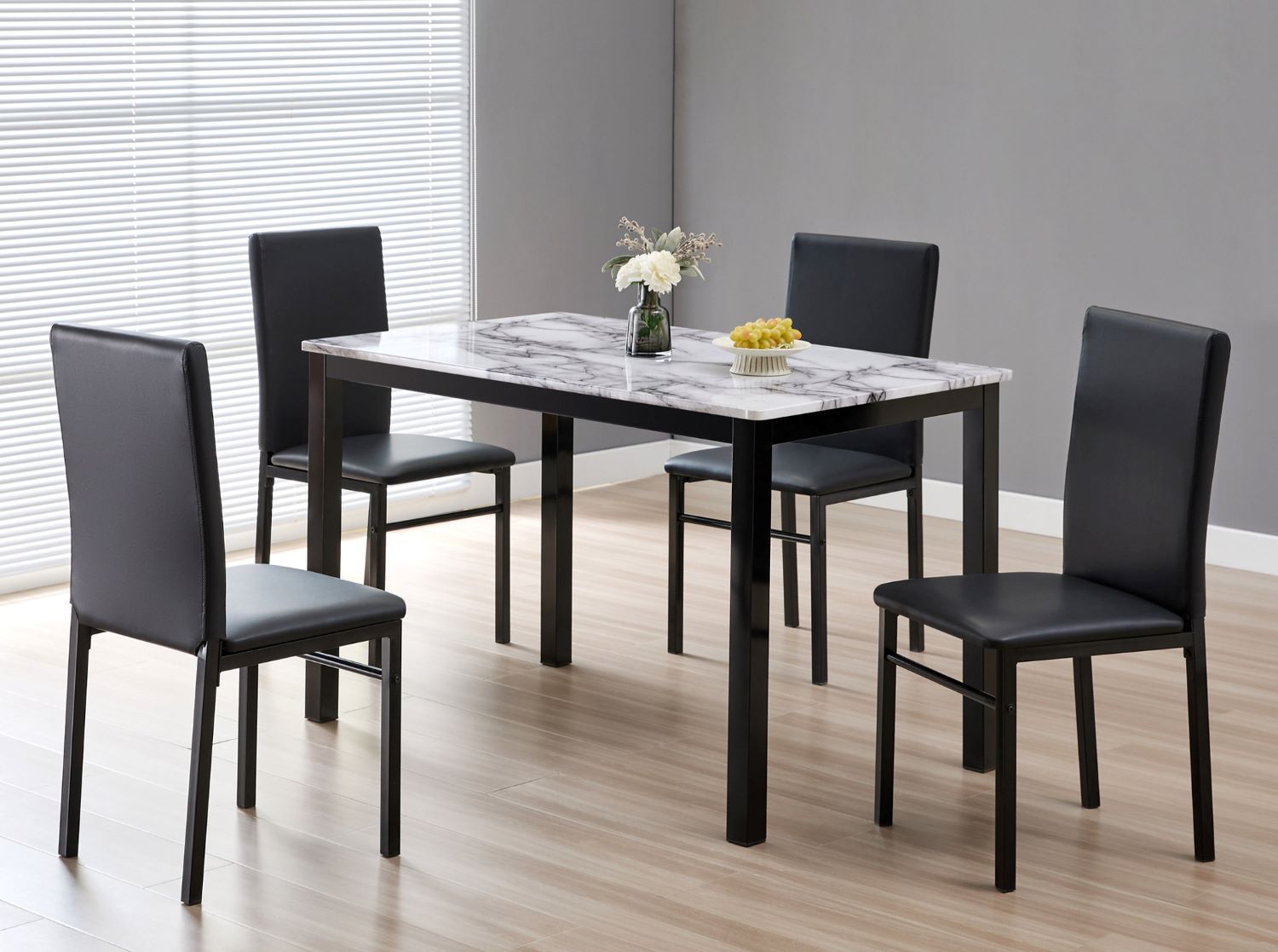 Faux Marble Dining Table with 4 Black PU Chairs 1056