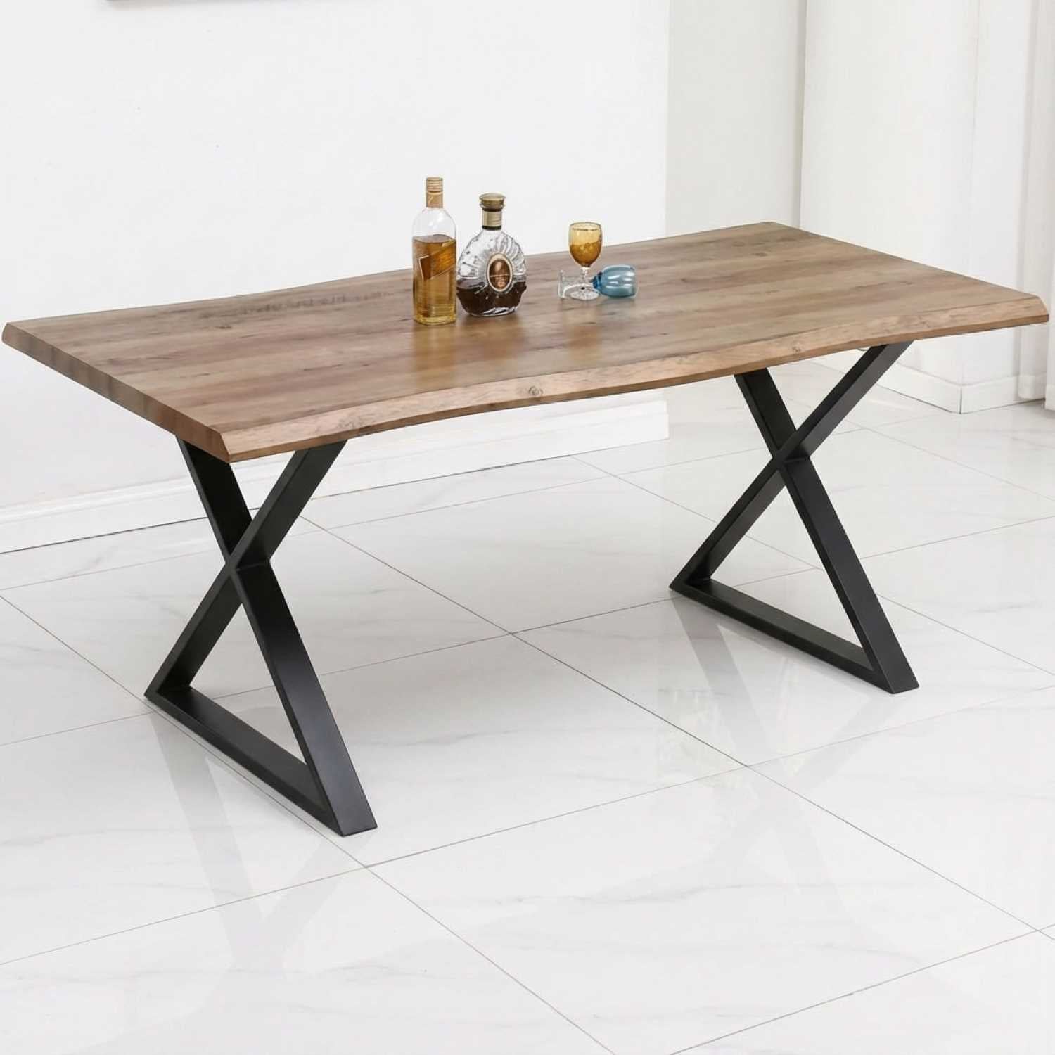 Faux Live Edge Wooden Dining Table with Black Metal 1811