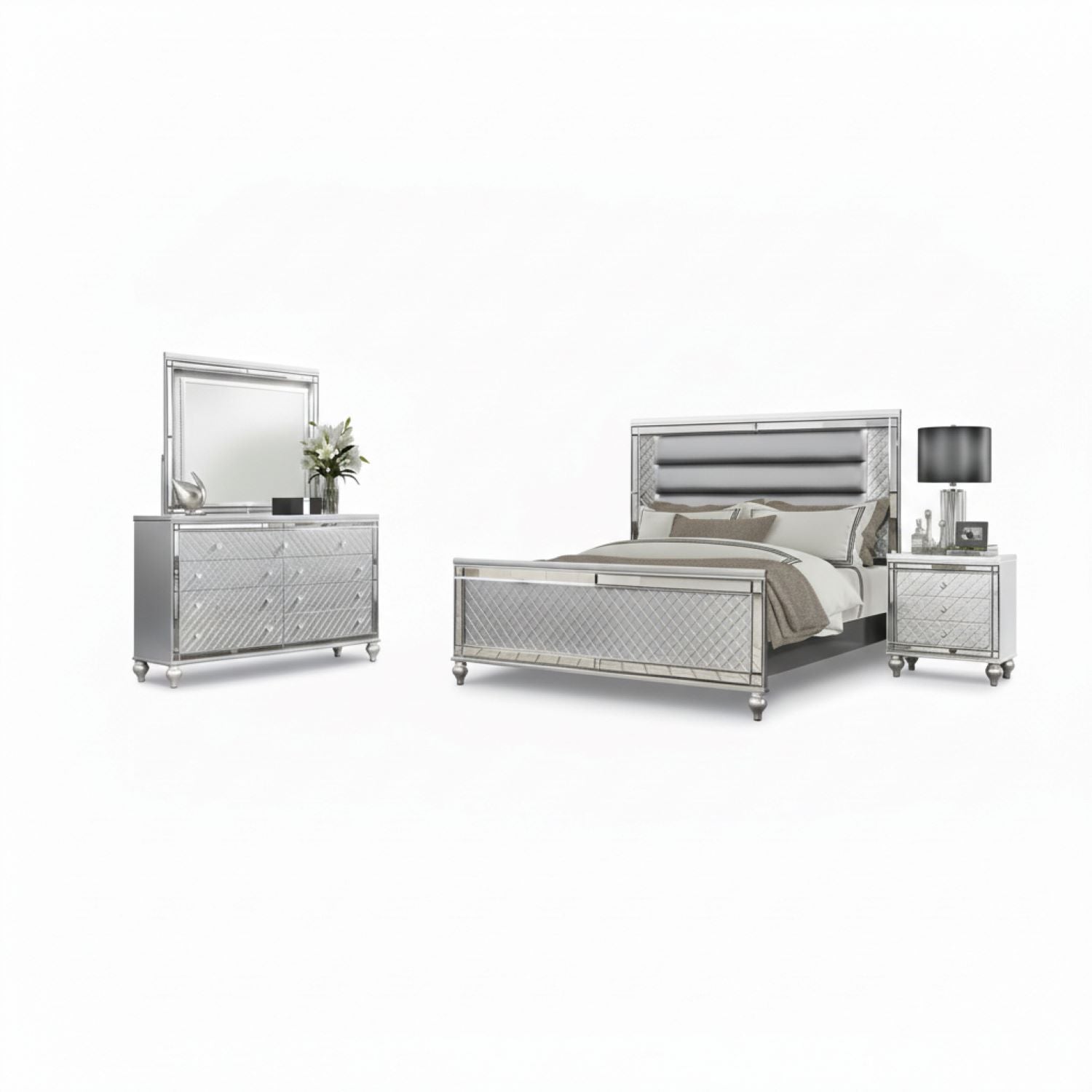 Fiona Silver Wooden 6pc Bedroom Set with Mirror Finish Accents
