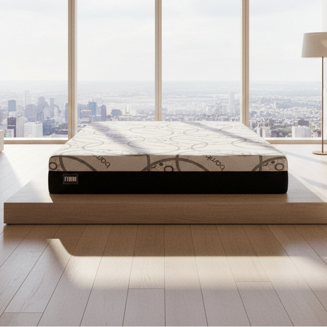 Mattress on a wooden platform in a modern bedroom with large windows.