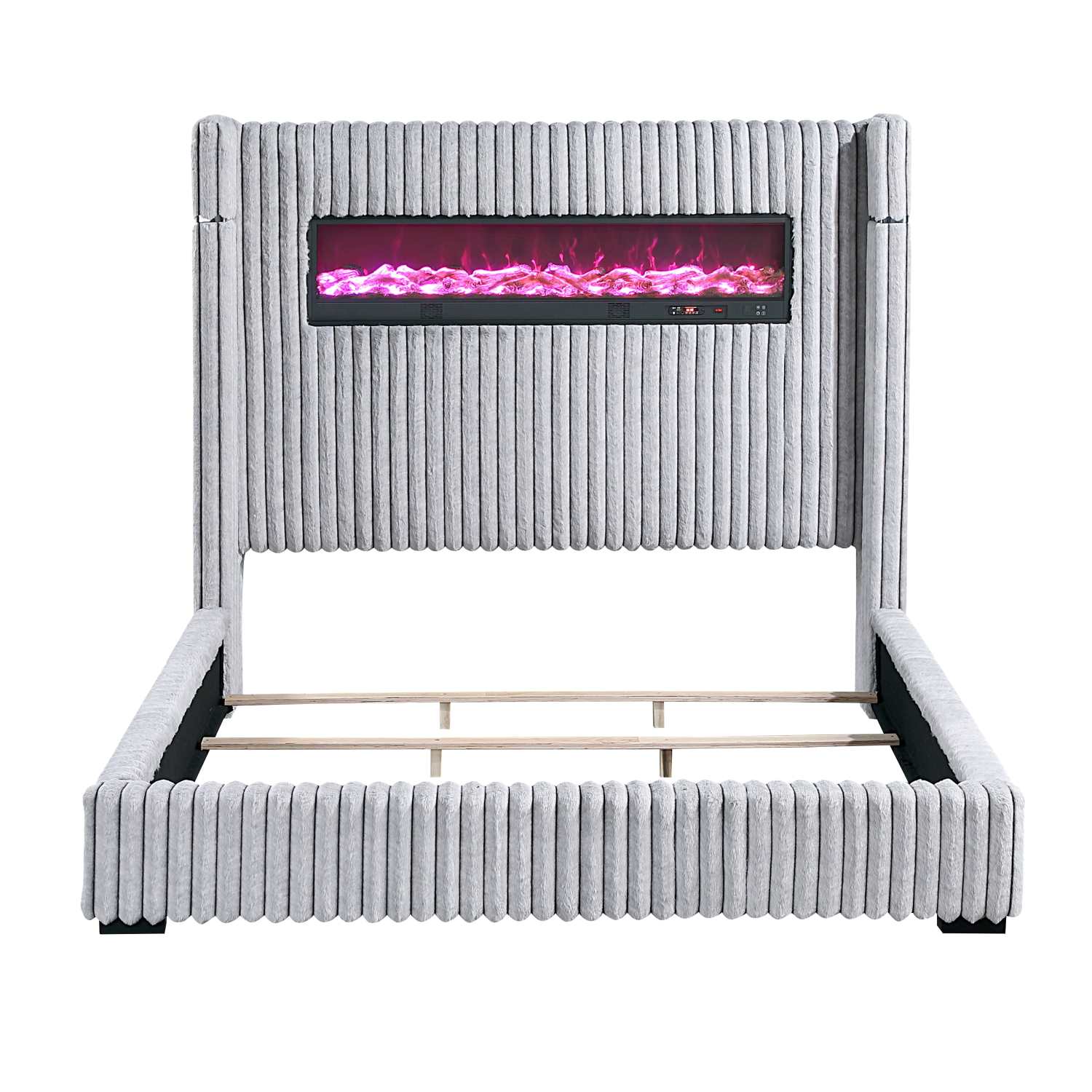 Fitzroy Grey Corduroy Fabric Bed with Wingback Headboard & Fireplace 2411