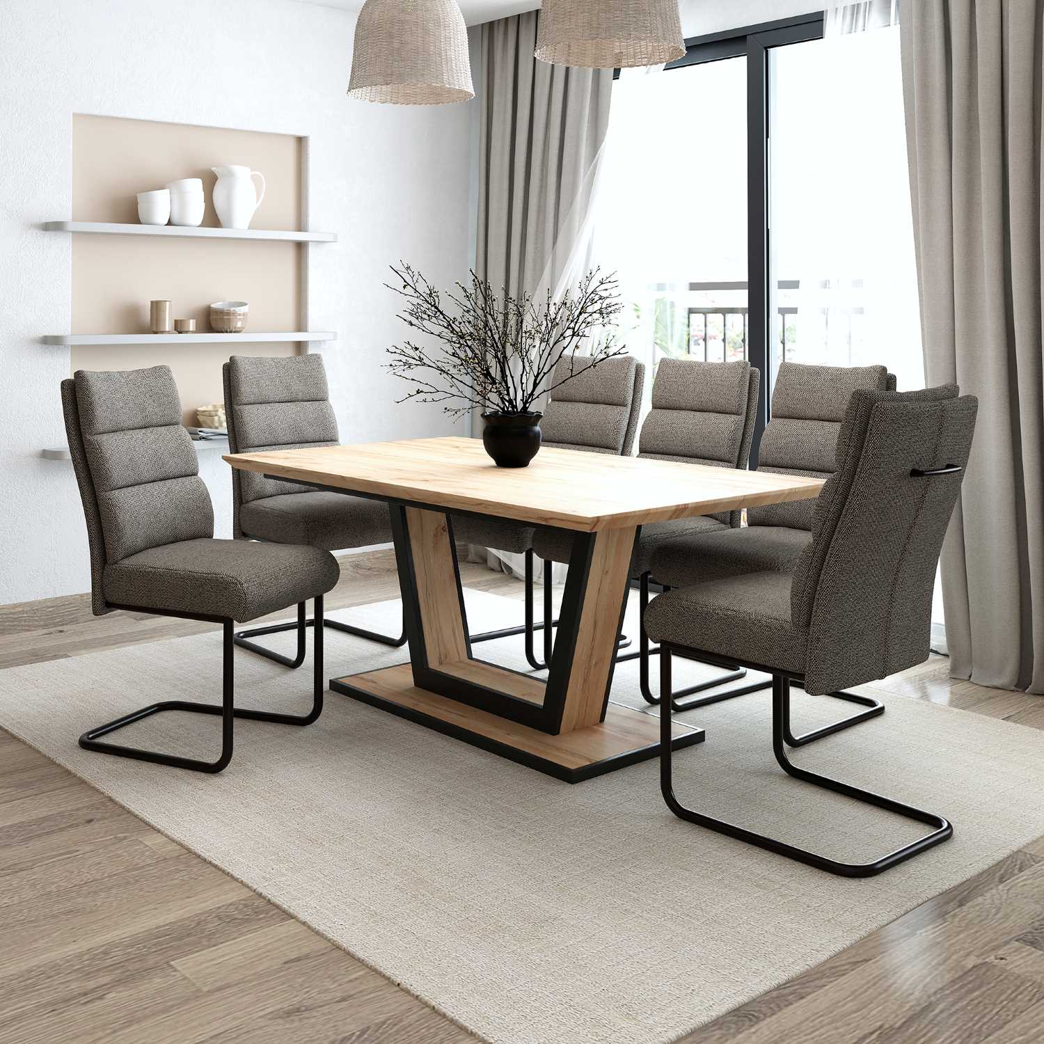 Forna/Brodi Extendable 7pc Dining Set in Natural Table with Charcoal Chair 207-161NAT_138CH