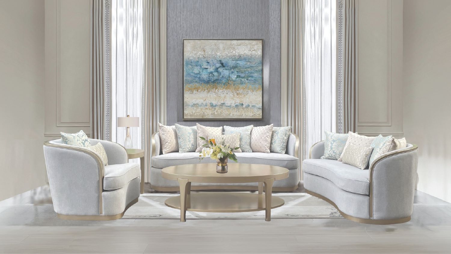 Francesca Light Grey Velvet Sofa Set With Gold Trim Accents 2025