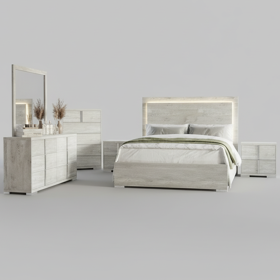 Modern bedroom set with bed, dresser, and mirror on a gray background
