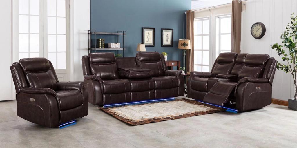 Geneva Power Recliner Sofa Collection with LED Chocolate Brown