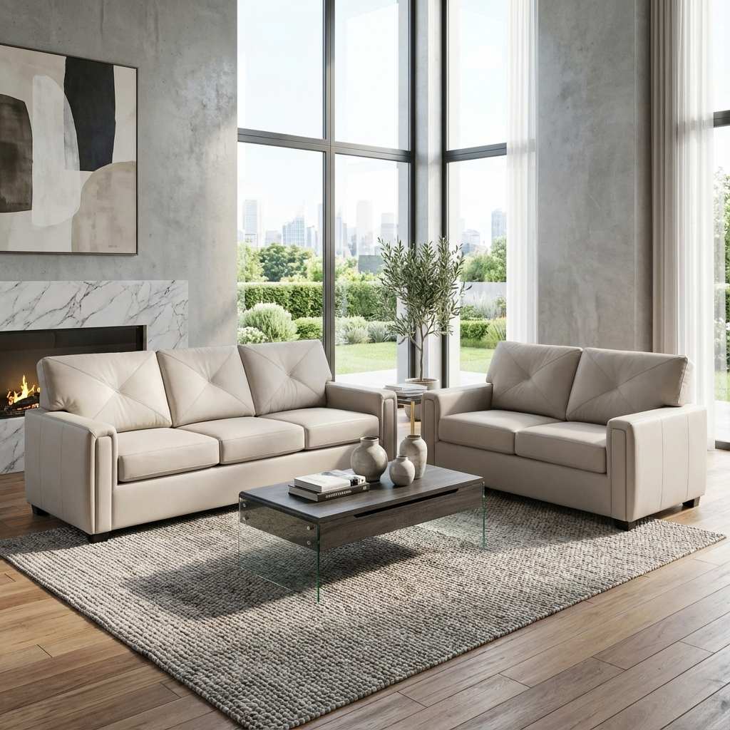 Modern living room with beige sectional sofa, coffee table, and large windows.