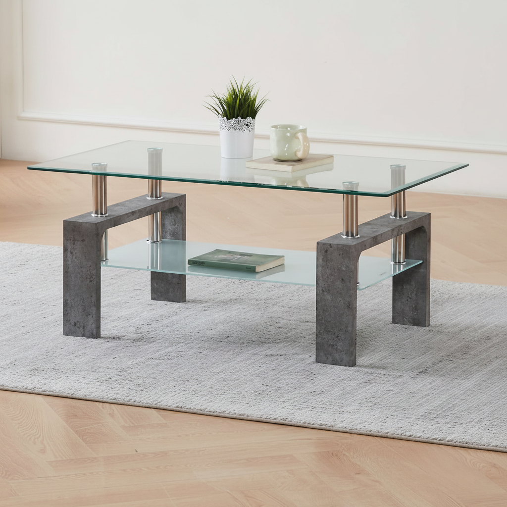 Glass Coffee Table Set With Grey Faux Marble Legs 2061