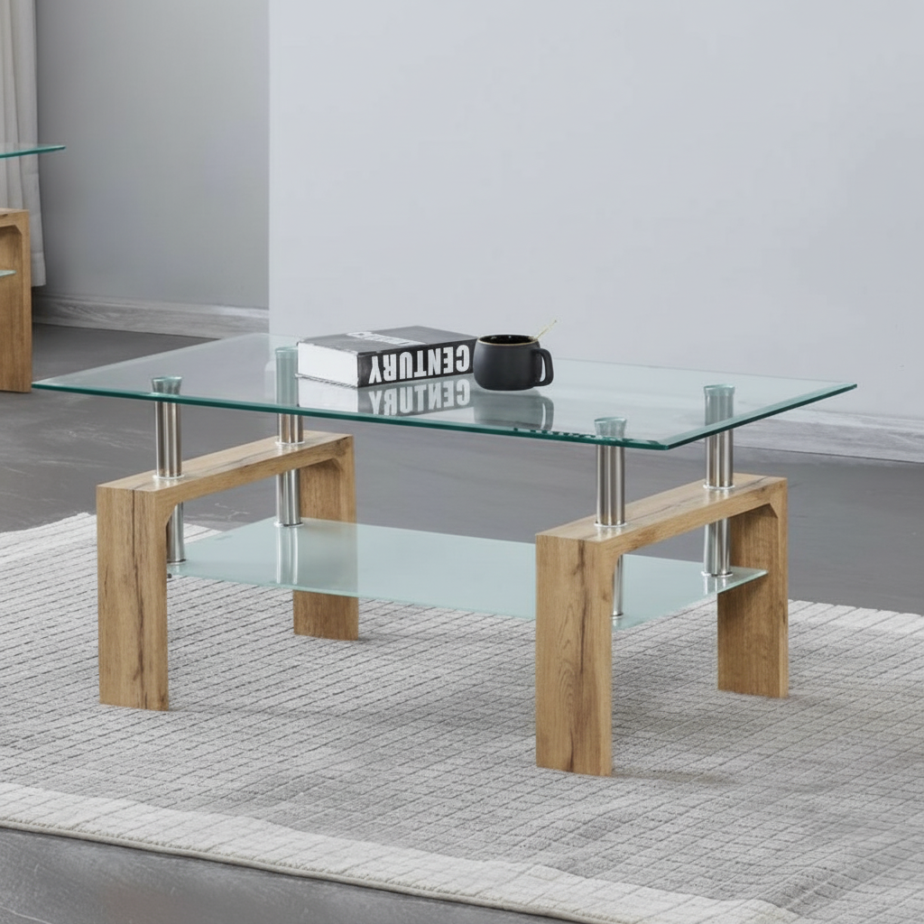 Glass Coffee Table Set With Light Natural Wood Finish Legs 2062