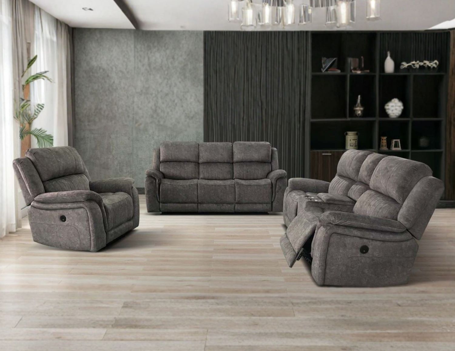 Grey Fabric Power Recliner Set With Cup Holders 8148