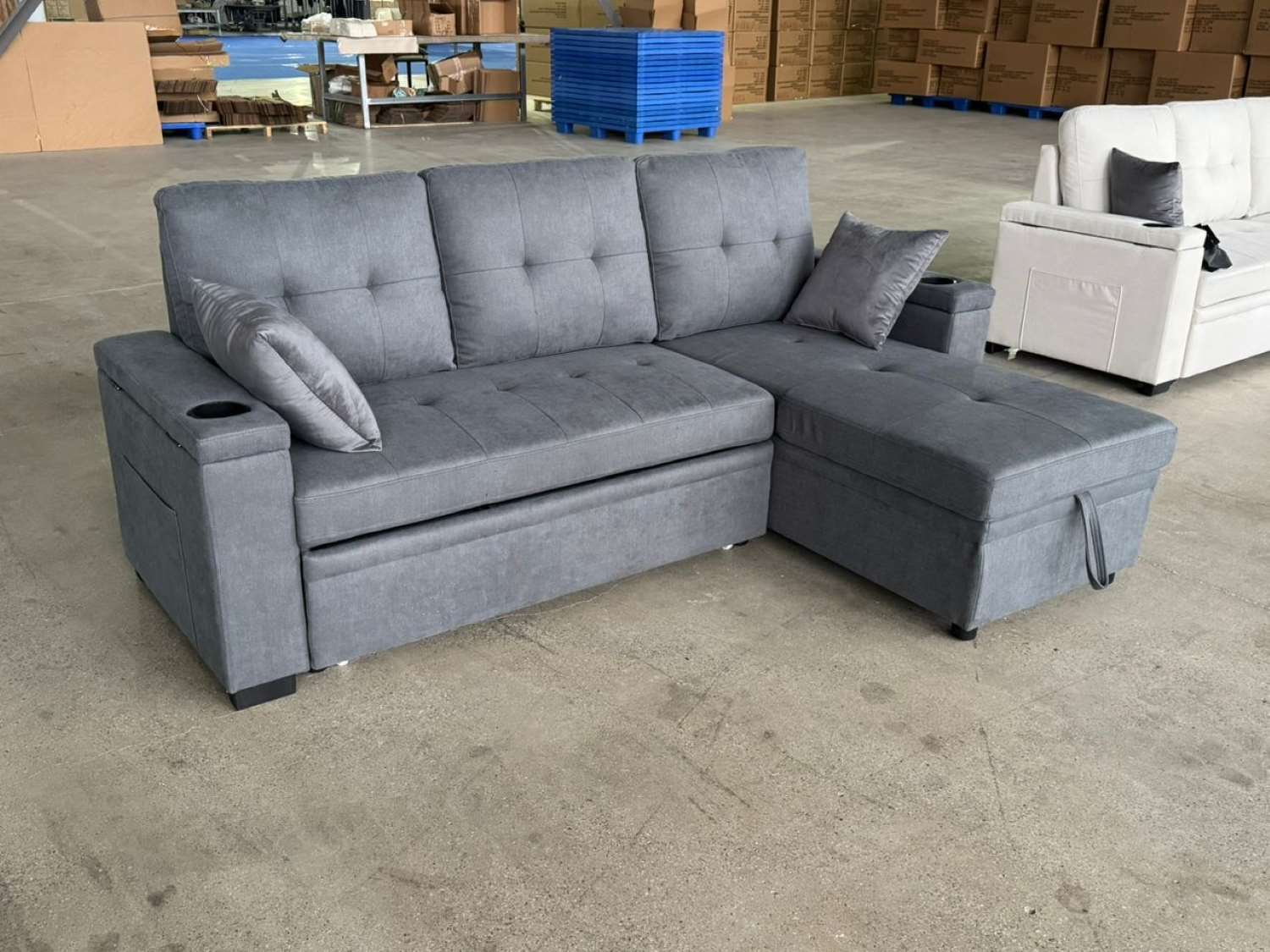 Grey Fabric Reversible Sofa Bed with USB Charger & Cup Holders 712A