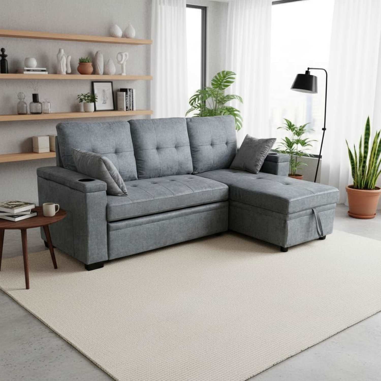 Grey Fabric Reversible Sofa Bed with USB Charger & Cup Holders 712A