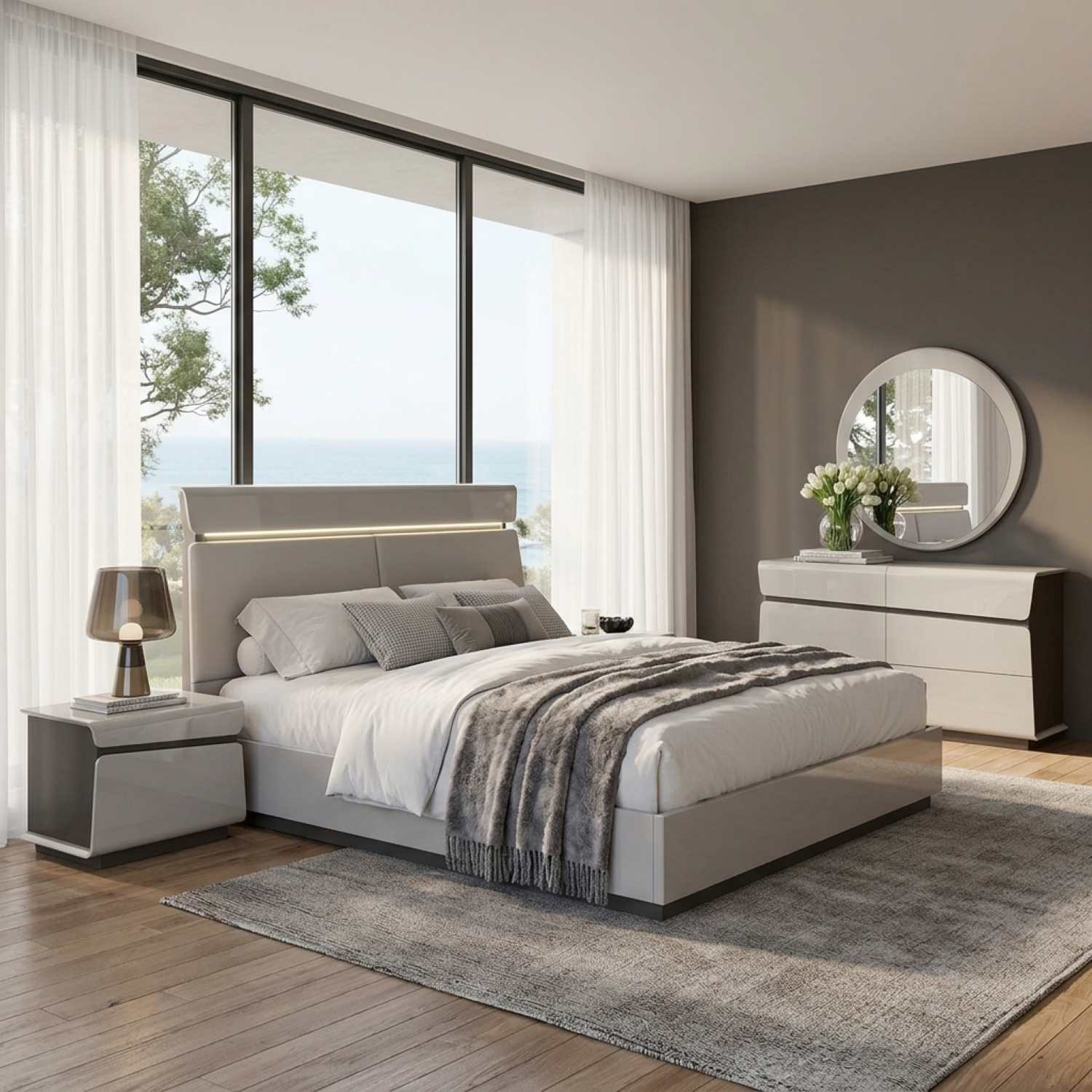 Grey Lacquer Hydraulic Lift Bedroom Set with PU & LED Headboard 540
