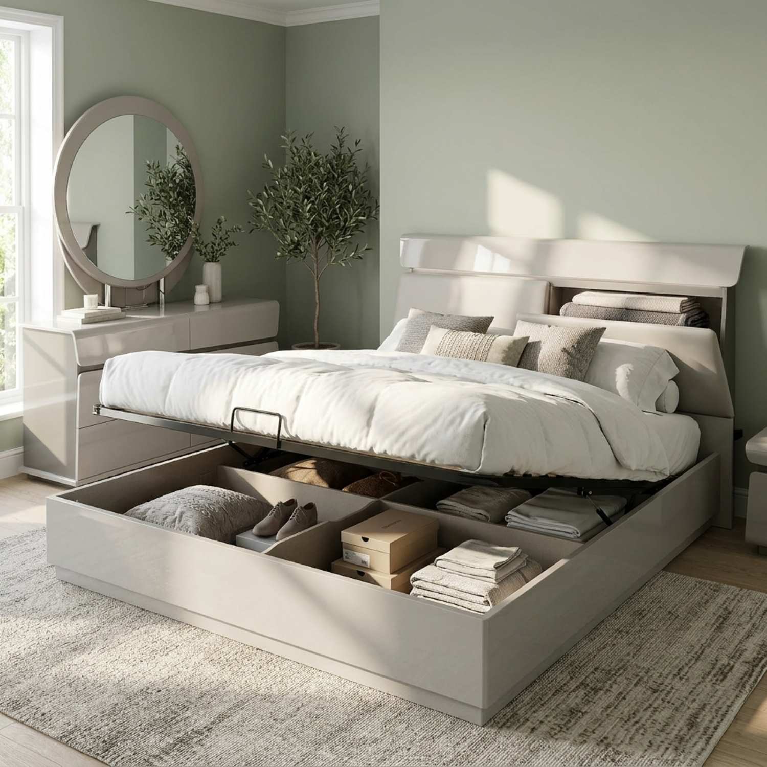 Grey Lacquer Hydraulic Lift Bedroom Set with PU & LED Headboard 540