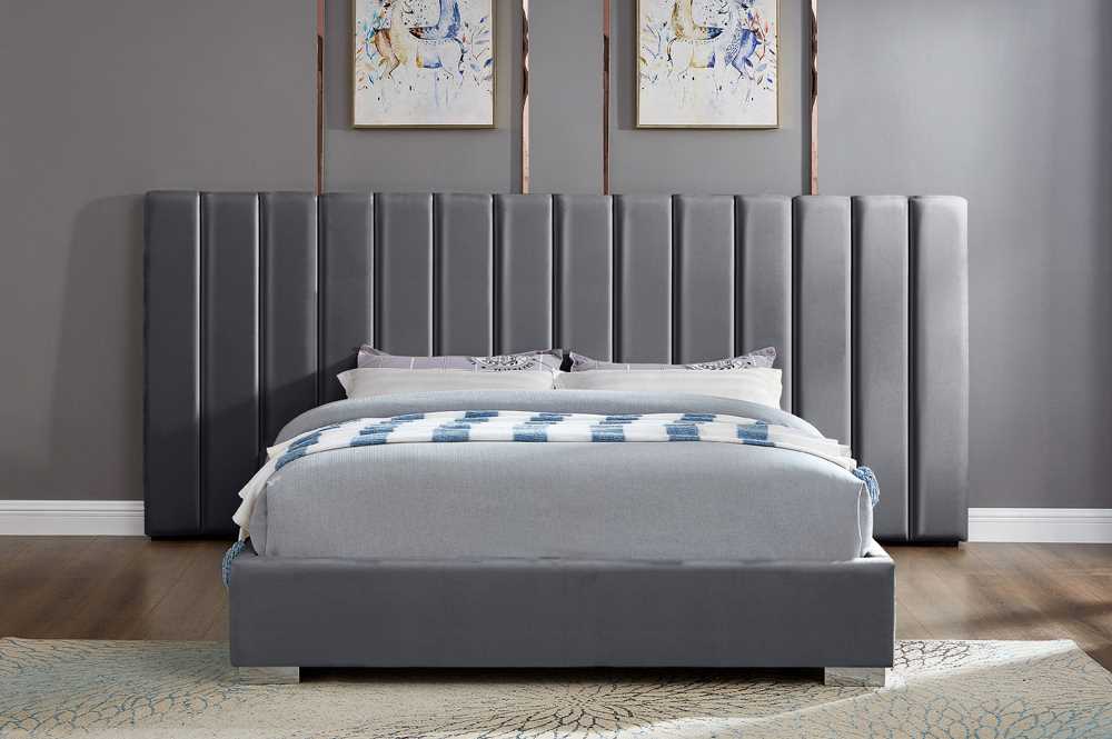 Grey Platform Velvet Bed With Paneled headboard 2379