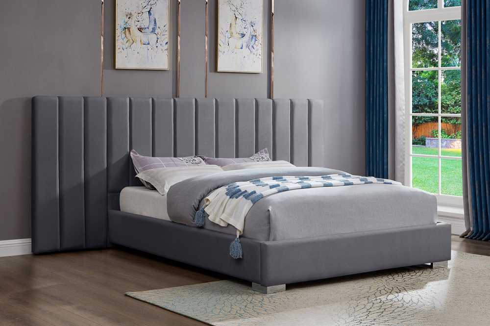 Grey Platform Velvet Bed With Paneled headboard 2379