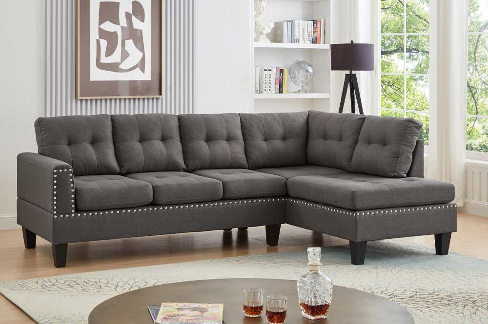 Grey Reversible Sectional Sofa With Nailhead Trim 1234