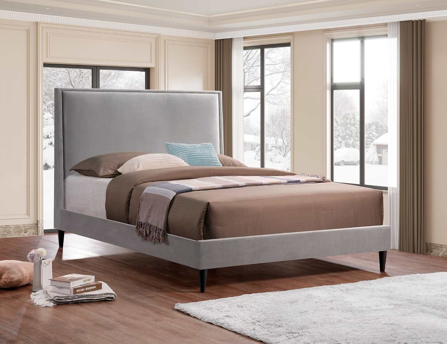 Grey Velvet Fabric Platform Bed 5570