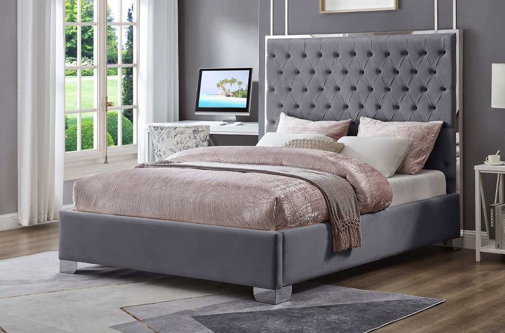 Grey Velvet Platform Bed With Tufted Headboard 2385