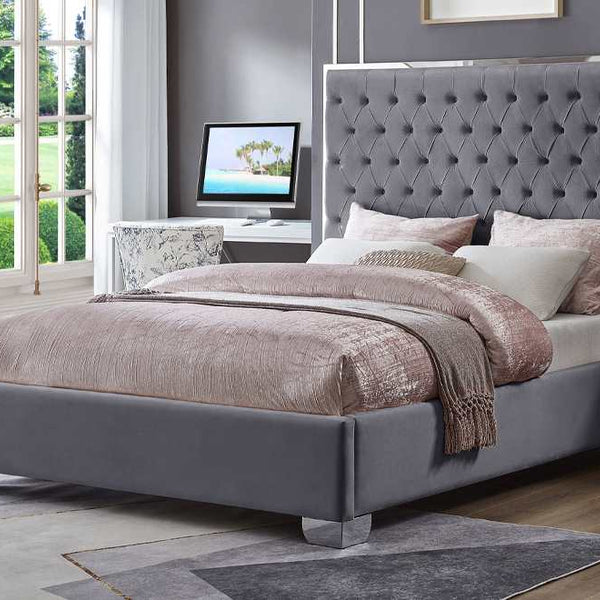 ベッド博士 BED IN BED OUT Grey Velvet Platform Bed With Tufted Headboard 2385 | Bed sale