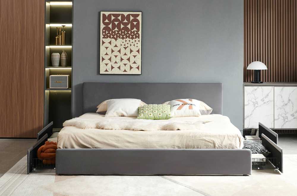 Grey Velvet Storage Platform Bed 2128