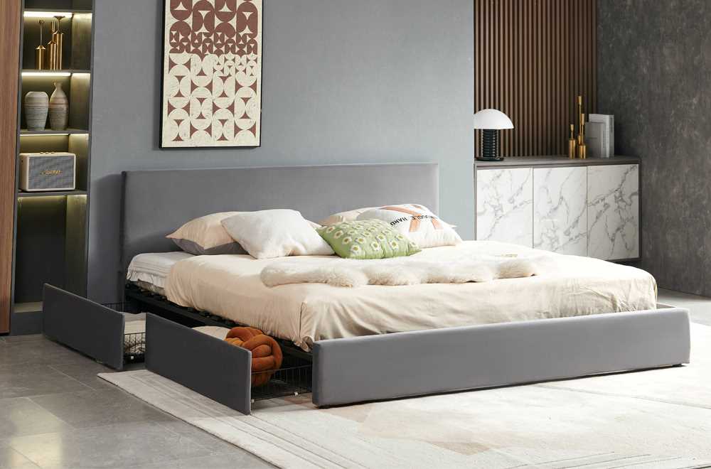 Grey Velvet Storage Platform Bed 2128