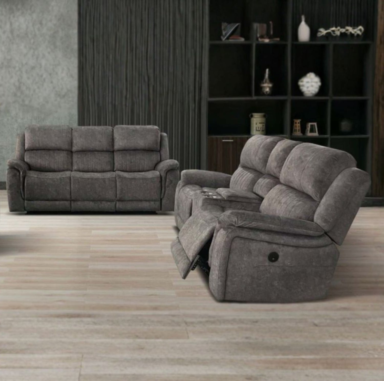 Grey Fabric Power Recliner Set With Cup Holders 8148