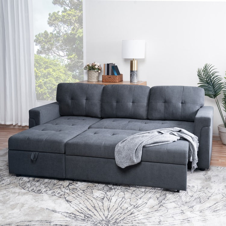 Grey Linen Fabric Reversible Sectional Sofa Bed 731