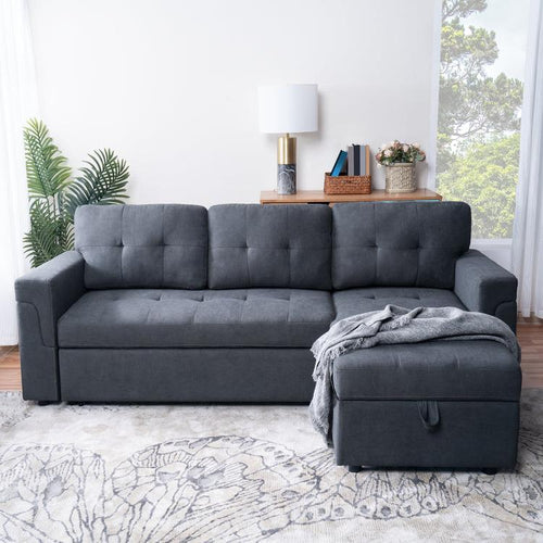 Grey Linen Fabric Reversible Sectional Sofa Bed 731