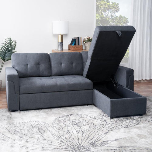 Grey Linen Fabric Reversible Sectional Sofa Bed 731