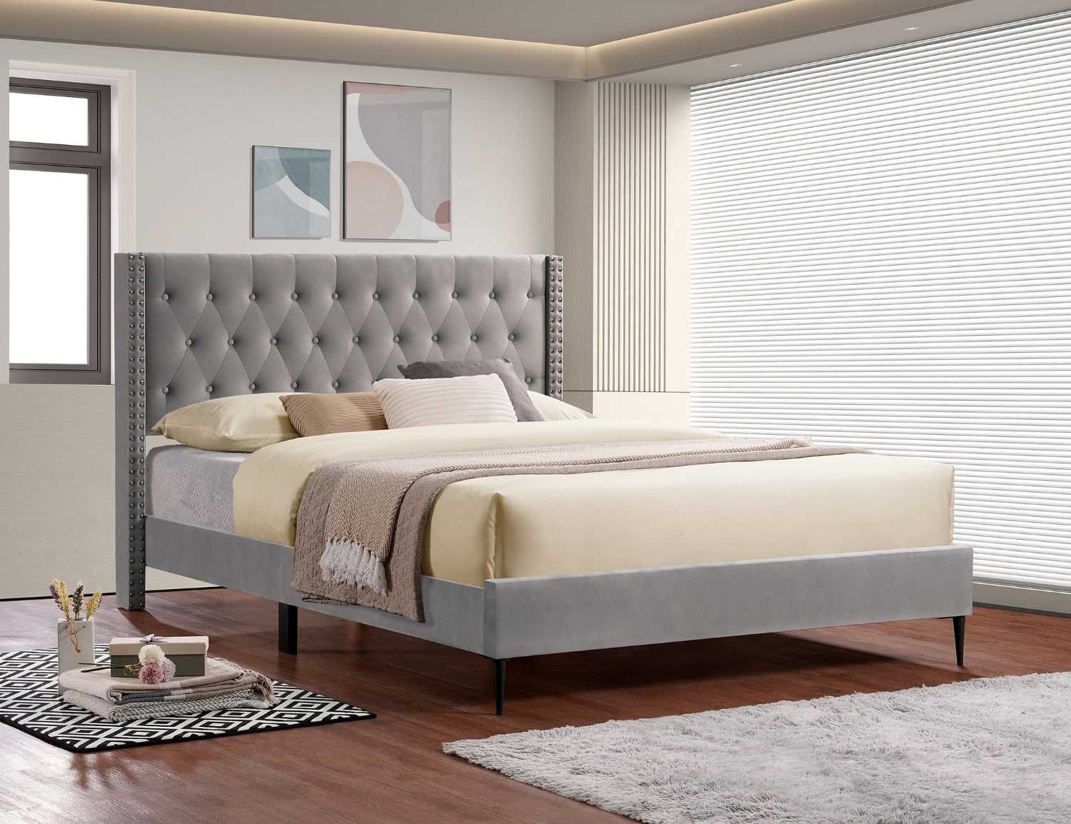 Grey Velvet Fabric Platform Bed 5590