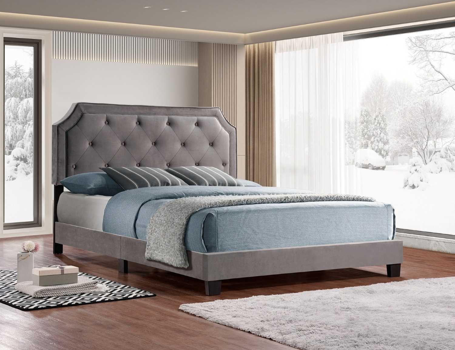 Grey Velvet Fabric Platform Bed 5610